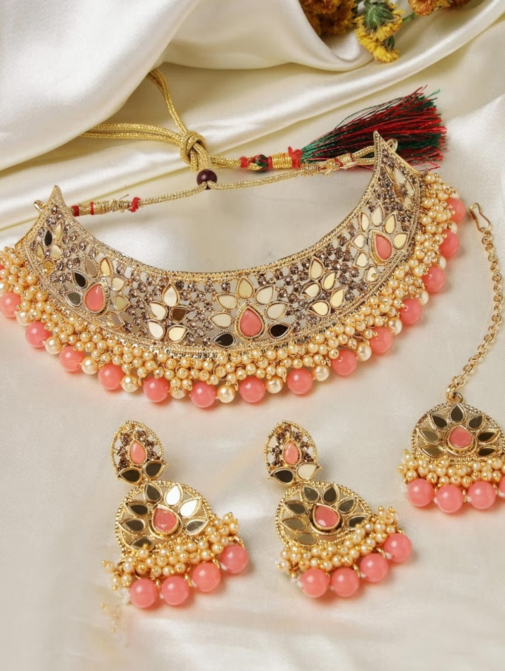 Gold and Pink Statement Choker Necklace Set